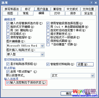 “输入法控制处于活动状态”勾选